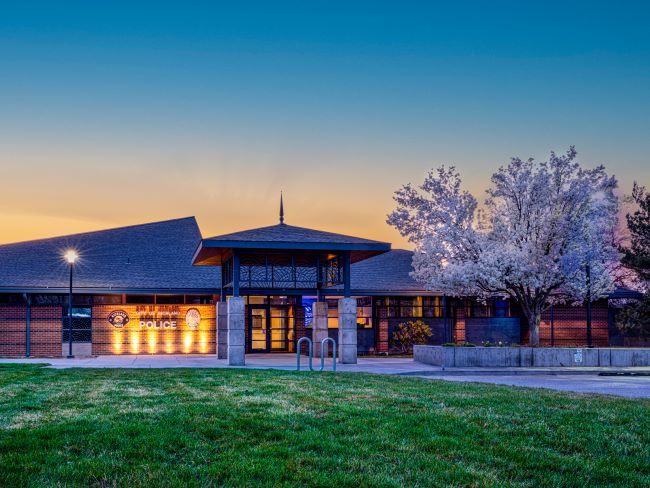 Richland Police station with spring bloom tree