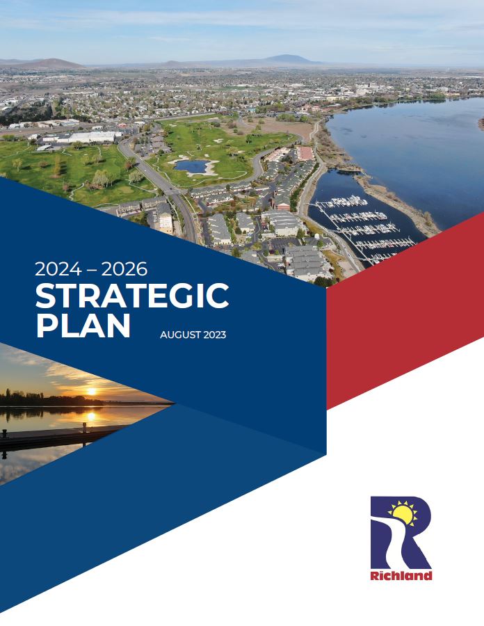 2024-26 Stragetic Plan Cover, Red, White and Blue with rivershore photo