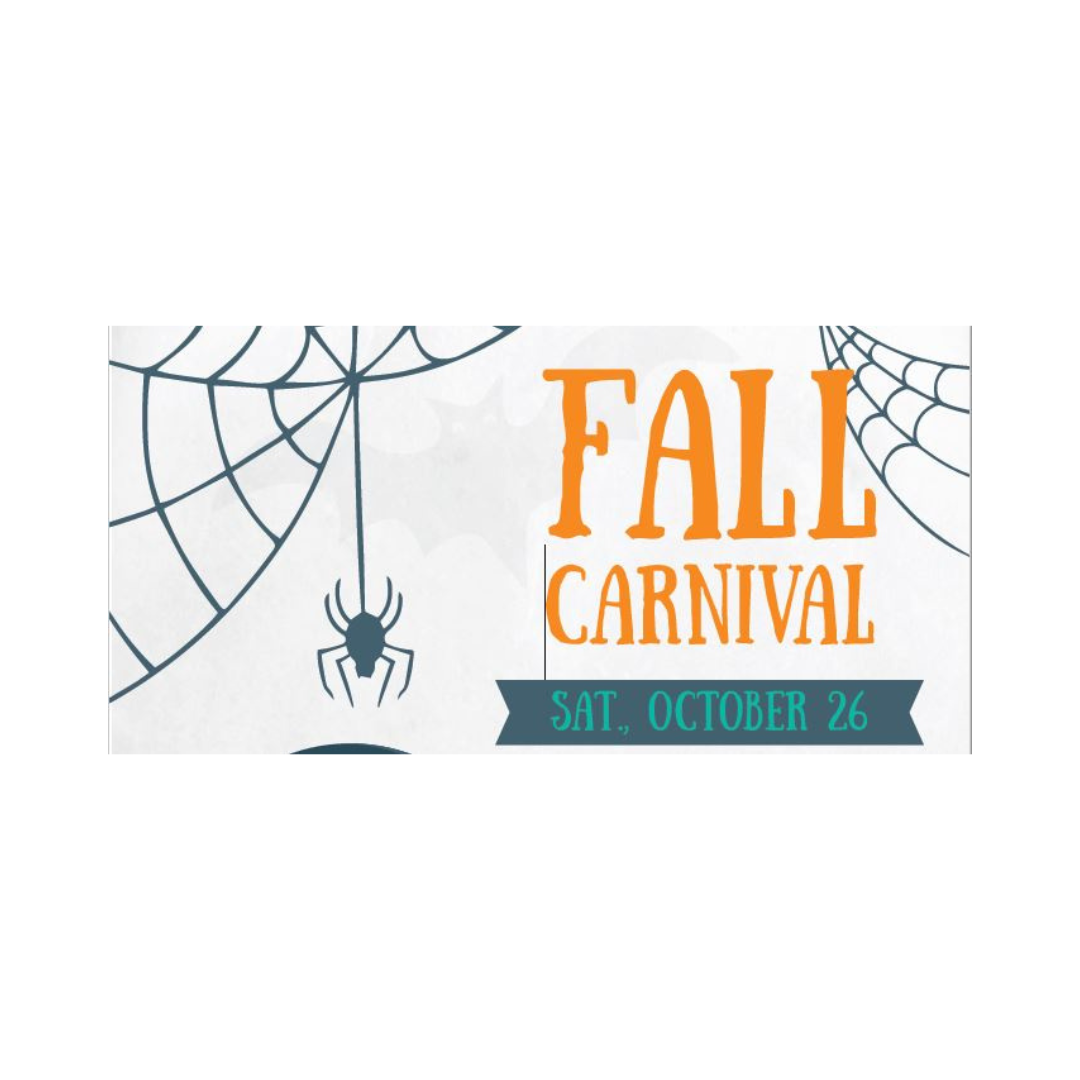 white background with spider and web with orange fall carnival text