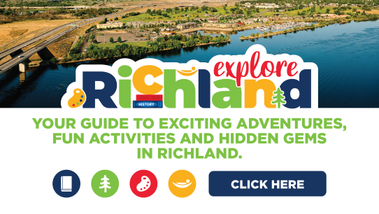 photo of Richland's rivershore and colorful Explore Richland text and graphic images