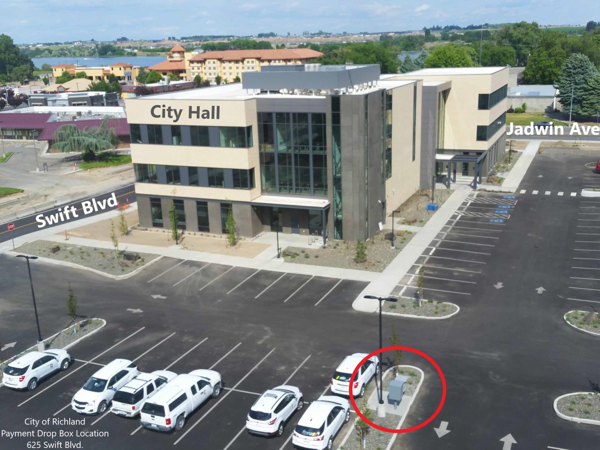 map of new City Hall with bill drop off box circled in red.